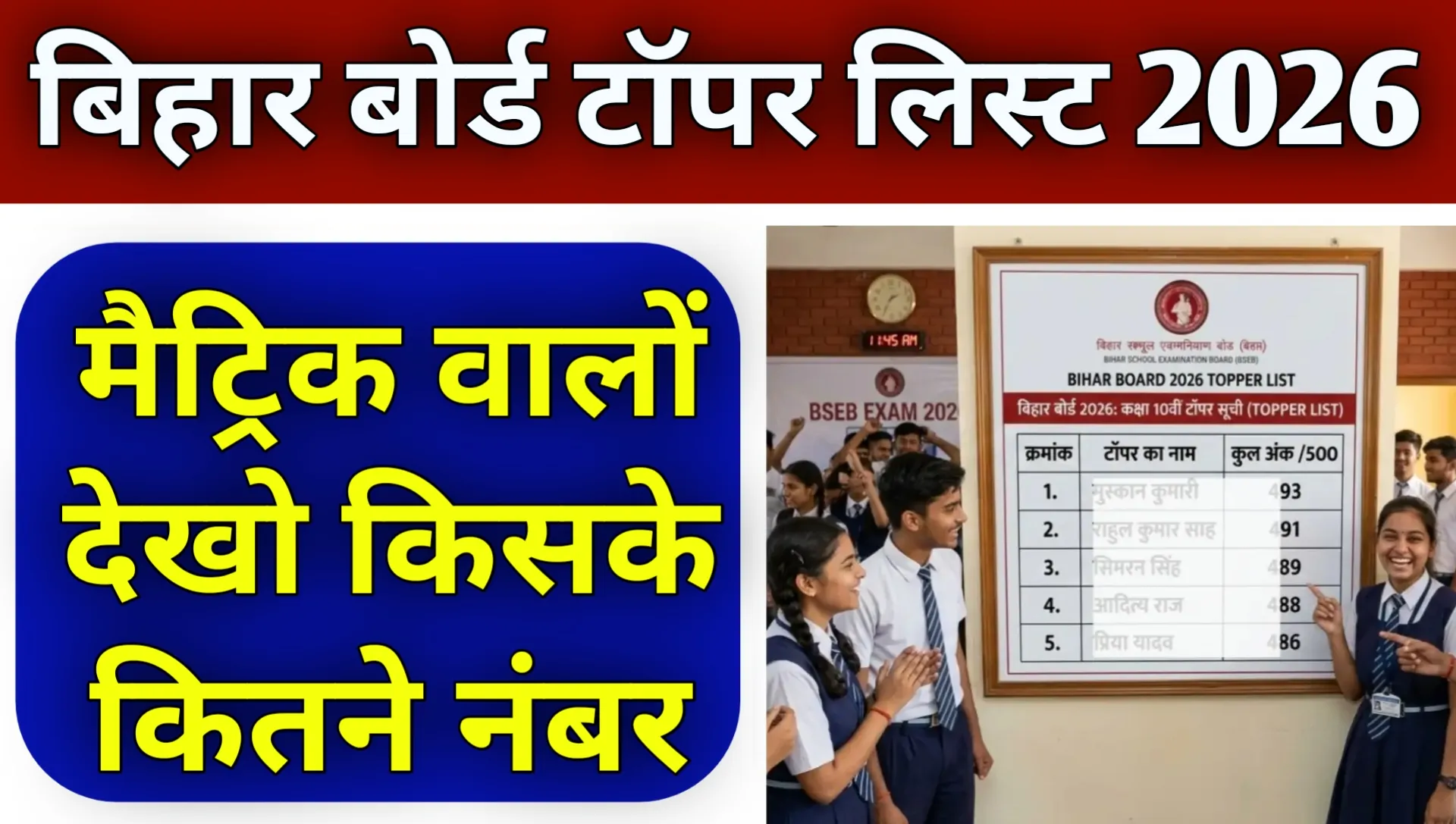 Bihar Board 10th Matric Topper List 2026 Result