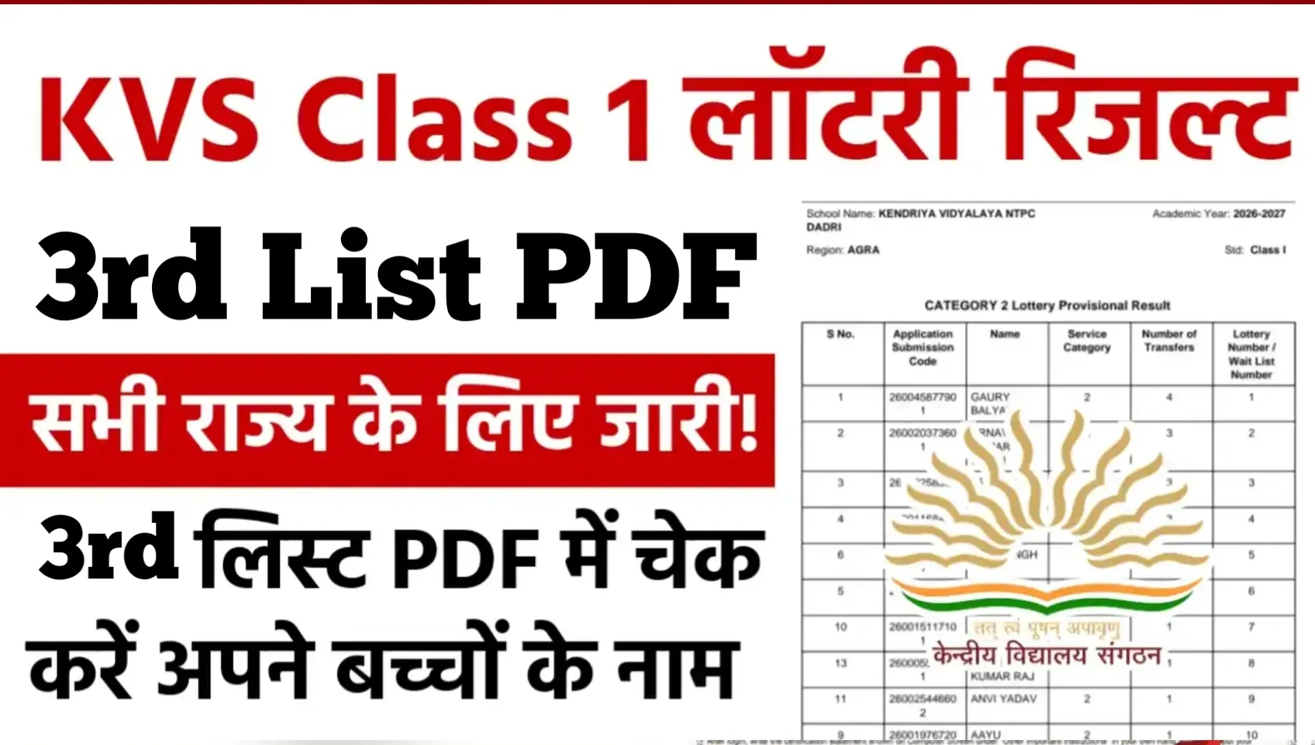 KVS 3rd Lottery Result Class 1 Online PDF Download 2026